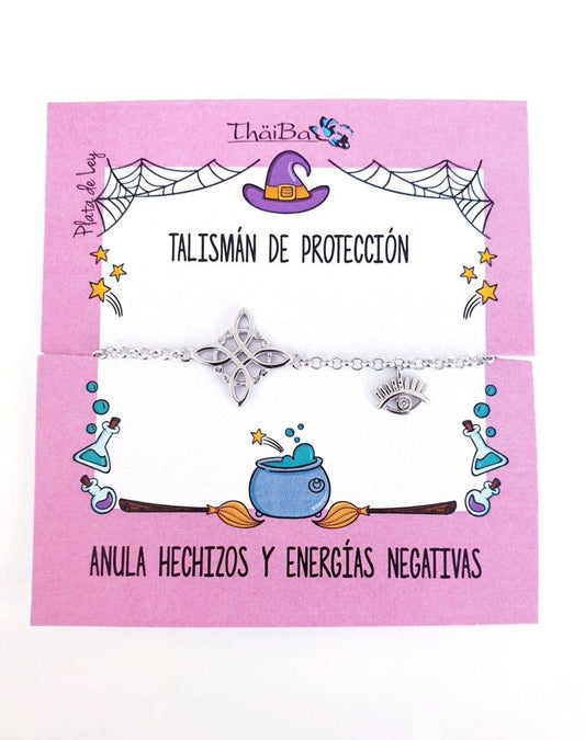 Pulsera nudo de bruja y ojo de plata de ley