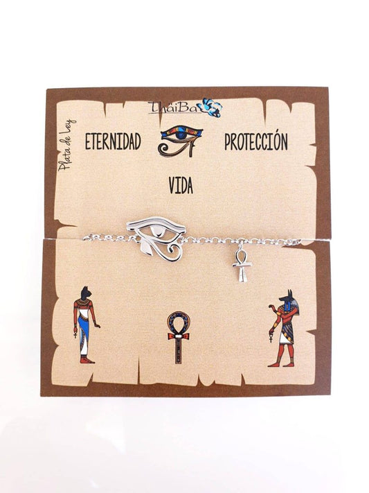 Pulsera ojo Horus con cruz de la vida de plata de ley