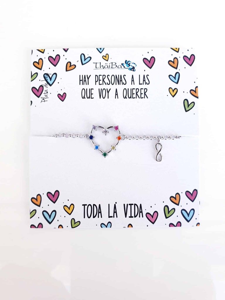 Pulsera corazón multicolor de plata de ley