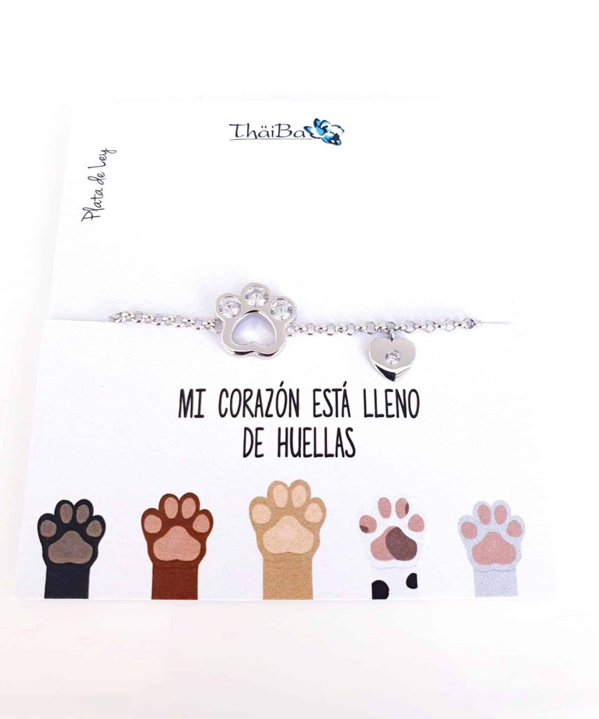 Pulsera huella mascota y corazón. de plata de ley