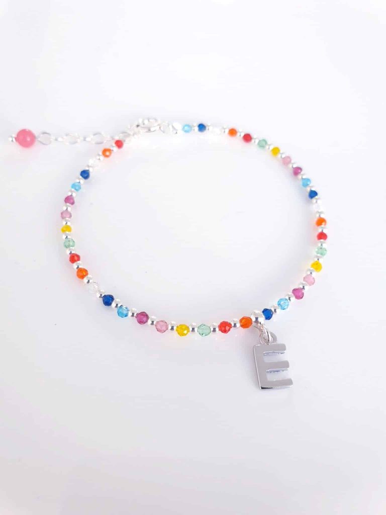 Pulsera piedras inicial «e» de plata de ley