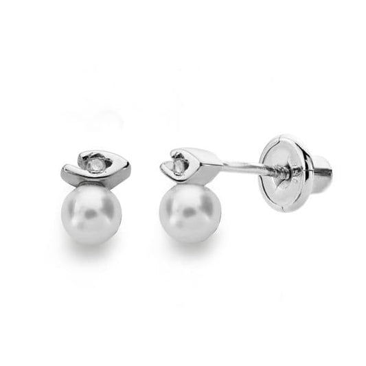 18K PENDIENTES ORO BLANCO PERLA 3 MMDIAMANTES TALLA BRILLANTE 0.012 KTS CIERRE TUERCA