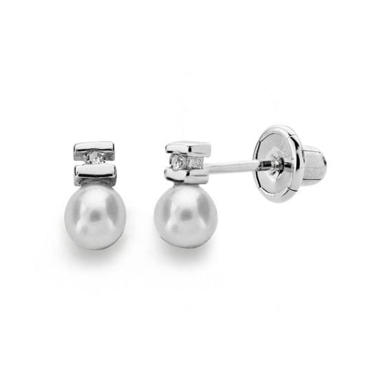 18K PENDIENTES ORO BLANCO PERLA 3 MM DIAMANTES TALLA BRILLANTE 0.012KTS CIERRE TUERCA