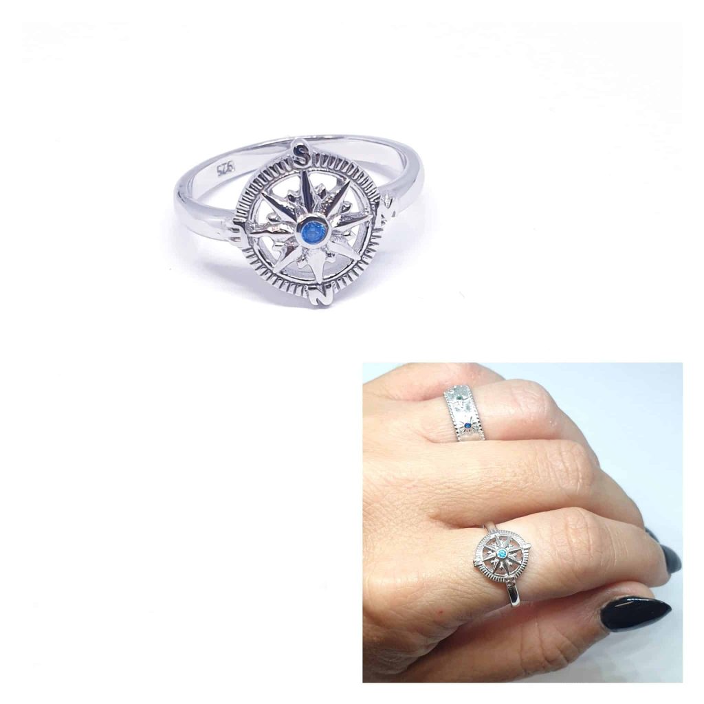 Anillo rosa de los vientos de plata de ley