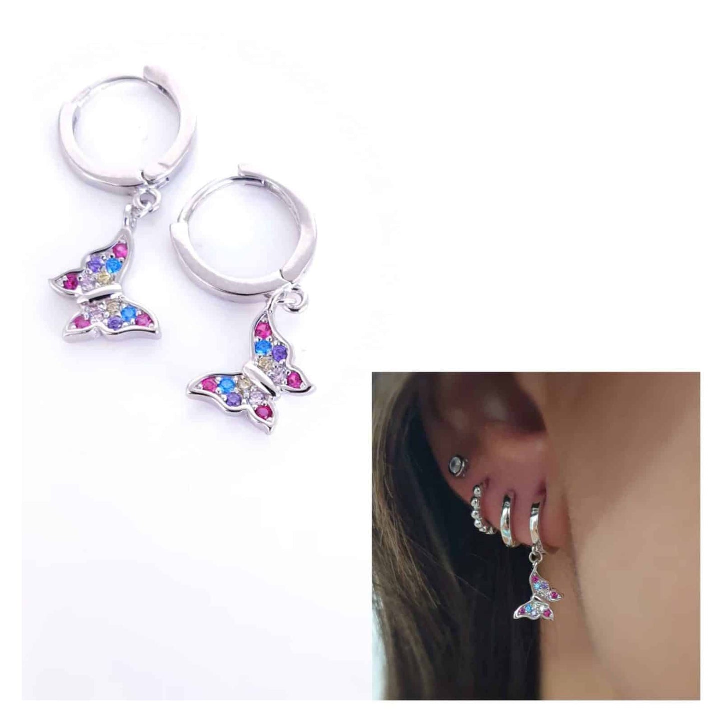 Pendientes mariposa multicolor de plata de ley - vista adicional
