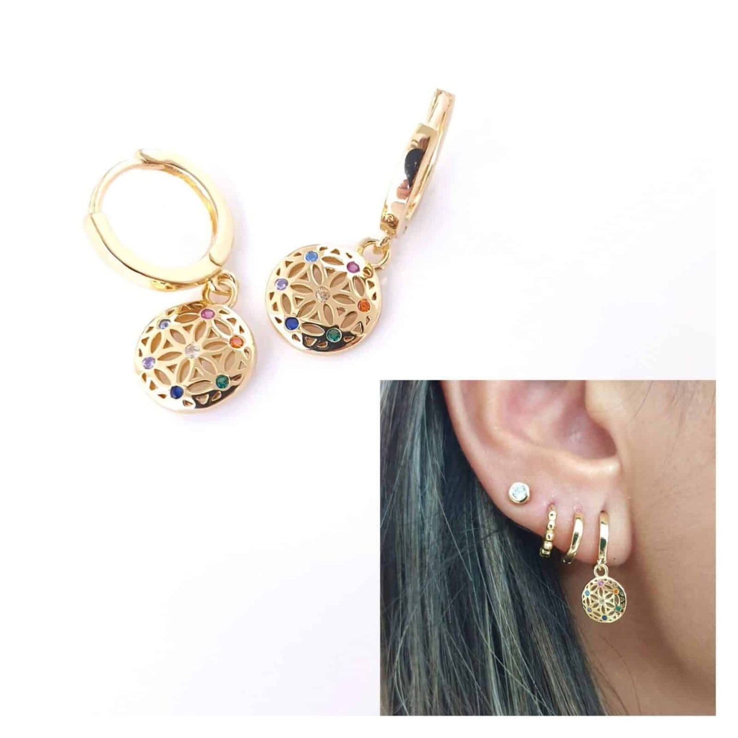Pendientes flor de la vida de plata de ley con baño de oro de 14 quilates - vista adicional