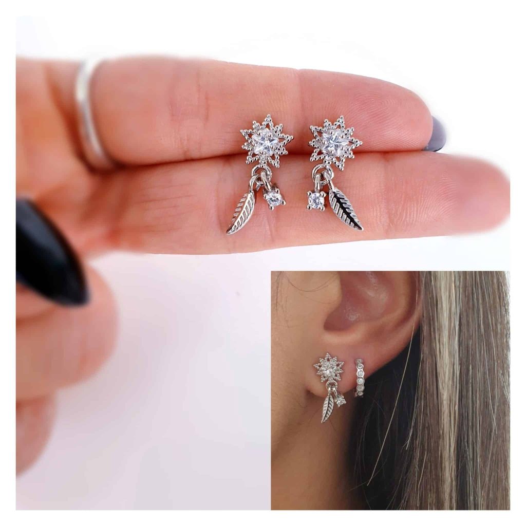 Pendientes estrella y hoja de plata de ley