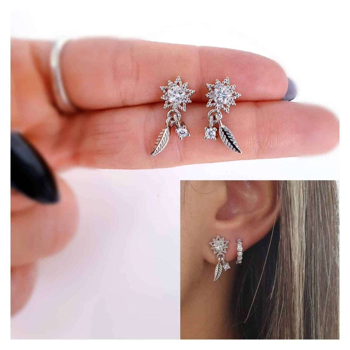 Pendientes estrella y hoja de plata de ley - vista adicional