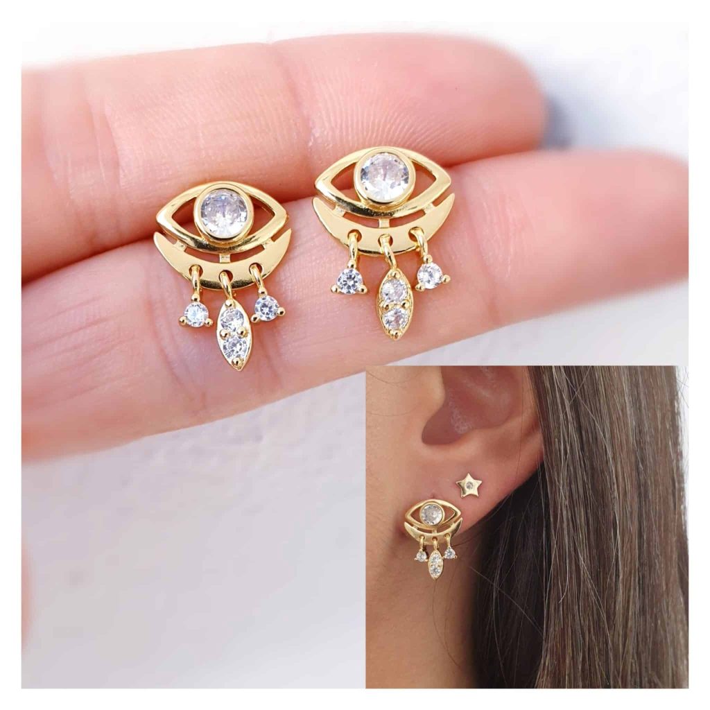 Pendientes ojos piedras oro de 14 quilates