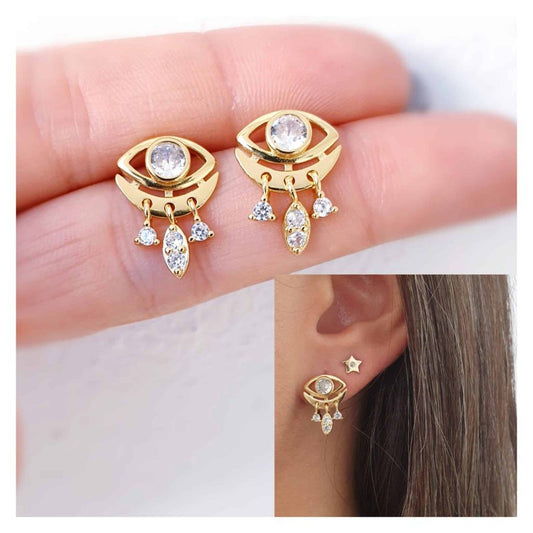 Pendientes ojos piedras de plata de ley con baño de oro de 14 quilates - Joyería Zafir