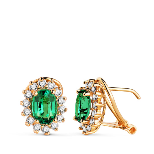 18K PENDIENTES ORO AMARILLO DIAMANTES DE LABORATORIO Y ESMERALDA RECRISTALIZADA 7X5 MM 1,50QT 0,580QT VS-2 G. 11,5X9,5 MM CIERRE OMEGA