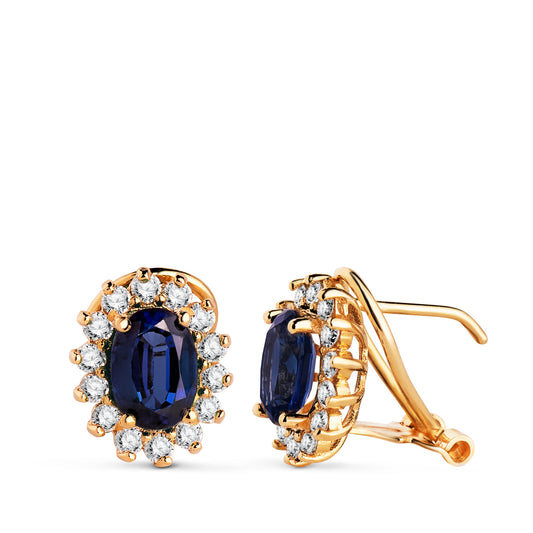18K PENDIENTES ORO AMARILLO ZAFIRO DIFUSION 7X5 MM 1,96QT Y DIAMANTES LABORATORIO 0,580QT VS2-G. 11,5X9,5 MM CIERRE OMEGA