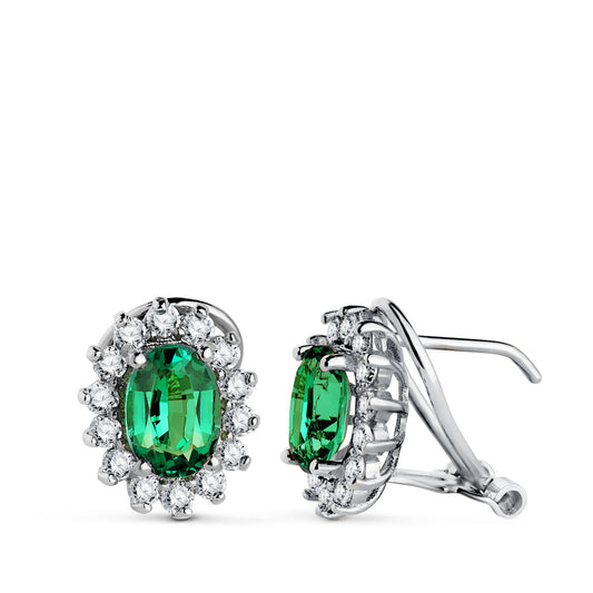 18K PENDIENTES ORO BLANCO DIAMANTES DE LABORATORIO Y ESMERALDA RECRISTALIZADA 7X5 MM 1,50 QTS VS2-G. 0,580 QTS.11,5xX9,5 MM CIERRE OMEGA