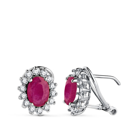 18K PENDIENTES ORO AMARILLO DIAMANTES DE LABORATORIO Y RUBI NATURAL 7X5 MM 1,76QT 0,580QT VS-2 G. 11,5X9,5 MM CIERRE OMEGA