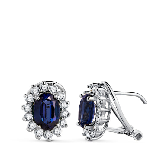 18K PENDIENTES ORO BLANCO DIAMANTES DE LABORATORIO Y ZAFIRO DIFUSION 7X5 MM 1,96 QTS 0,580 QTS VS2-G. CIERRE OMEGA 11,5X9,5 MM