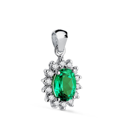 18K COLGANTE ORO BLANCO ESMERALDA RECRISTALIZADA 7X5 MM 0,75 QT. 12 DIAMANTES LABORATORIO 0,35 QTS. VS2-G. 11,5X9,5MM