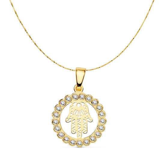 18K COLGANTE CON CADENA ORO AMARILLO MANO DE FATIMA CIRCONITA 15 MM