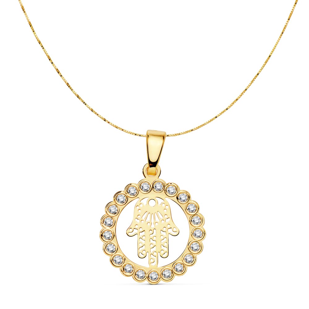 Colgante con Cadena Mano de Fatima Circonita 15 mm de oro amarillo 18K