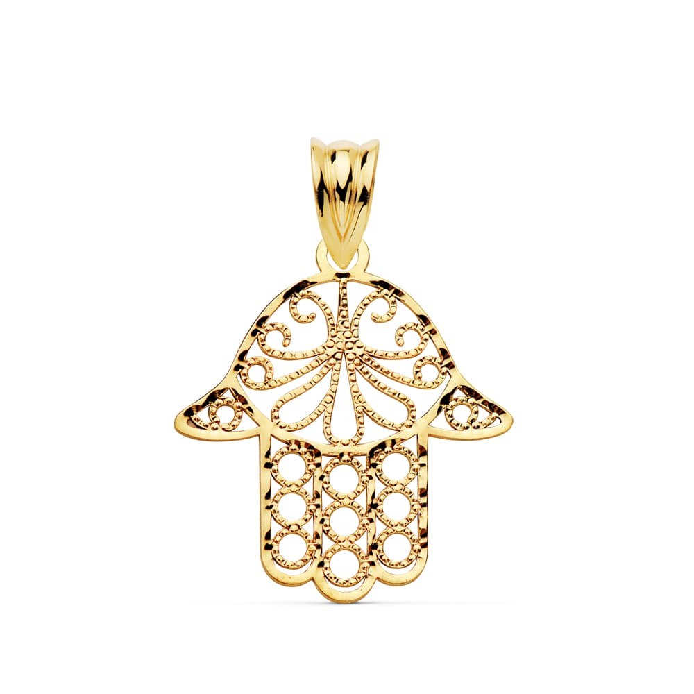 18K COLGANTE AMULETO ORO AMARILLO MANO DE FATIMA 20X18 MM