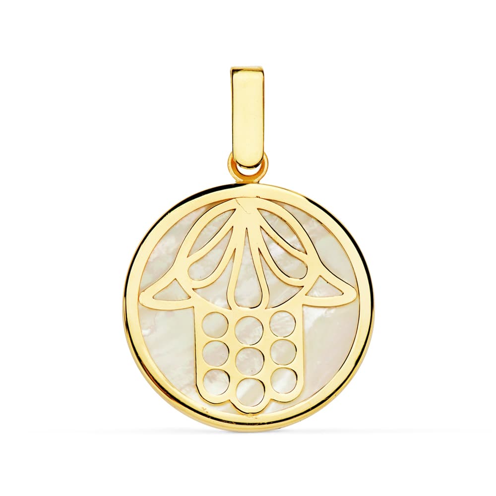 18K COLGANTE AMULETO ORO AMARILLO NACAR MANO DE FATIMA 18 MM