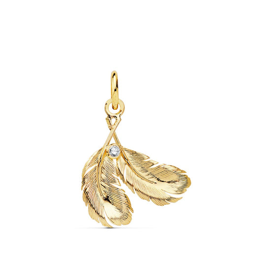 18K COLGANTE AMULETO ORO AMARILLO DOS PLUMAS 17X15 MM
