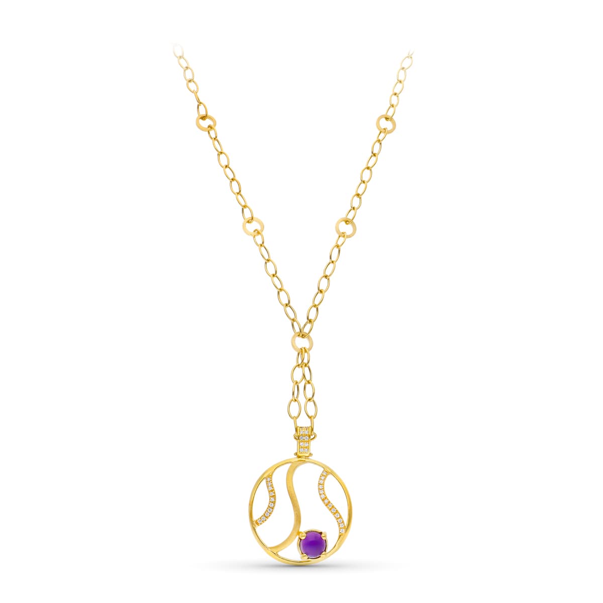 Gargantilla Mate y Brillo Motivo Redondo Circonita y Piedra de oro amarillo 18K