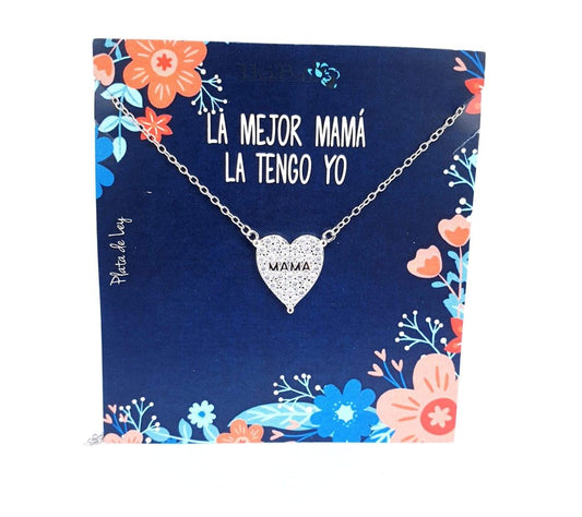 Collar corazón brillo mamá de plata de ley