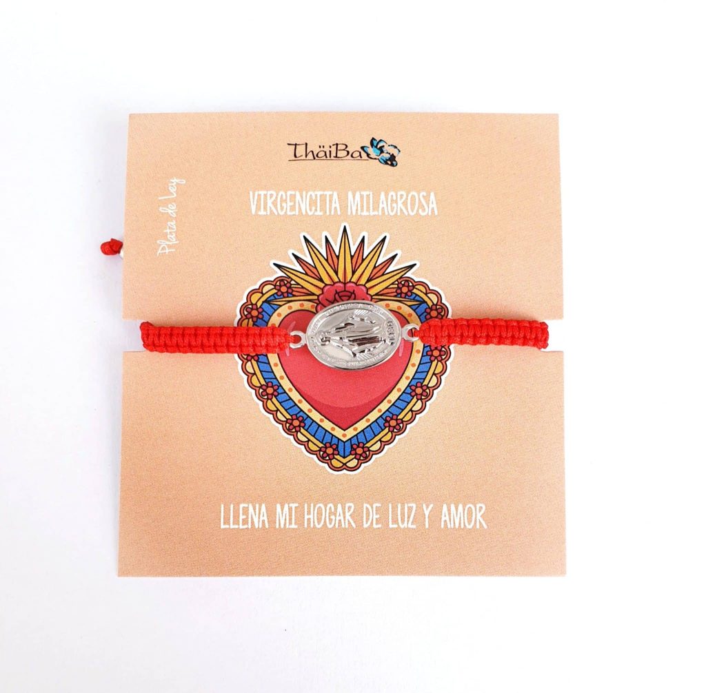 Pulsera macramé roja Virgencita Milagrosa de plata de ley