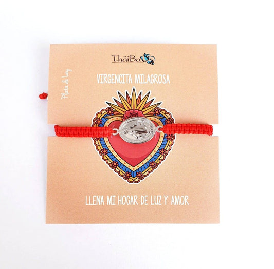 Pulsera macramé roja Virgencita Milagrosa de plata de ley - Joyería Zafir