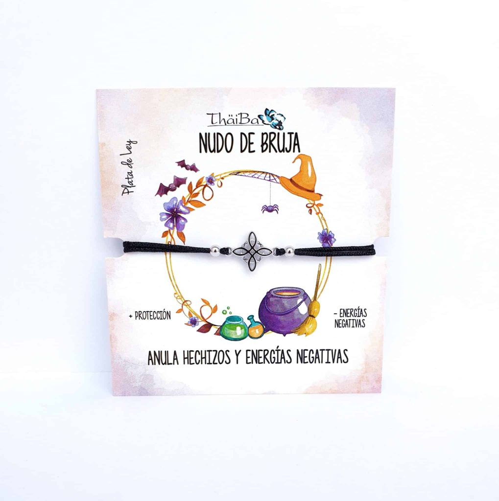 Pulsera hilo negro nudo de bruja de plata de ley