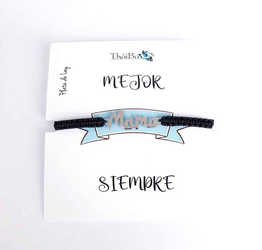 Pulsera macramé negra mamá de plata de ley