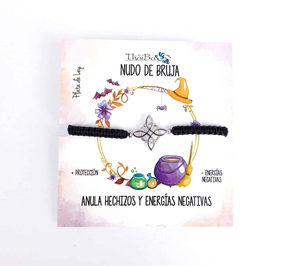 Pulsera macramé nudo de bruja negro de plata de ley