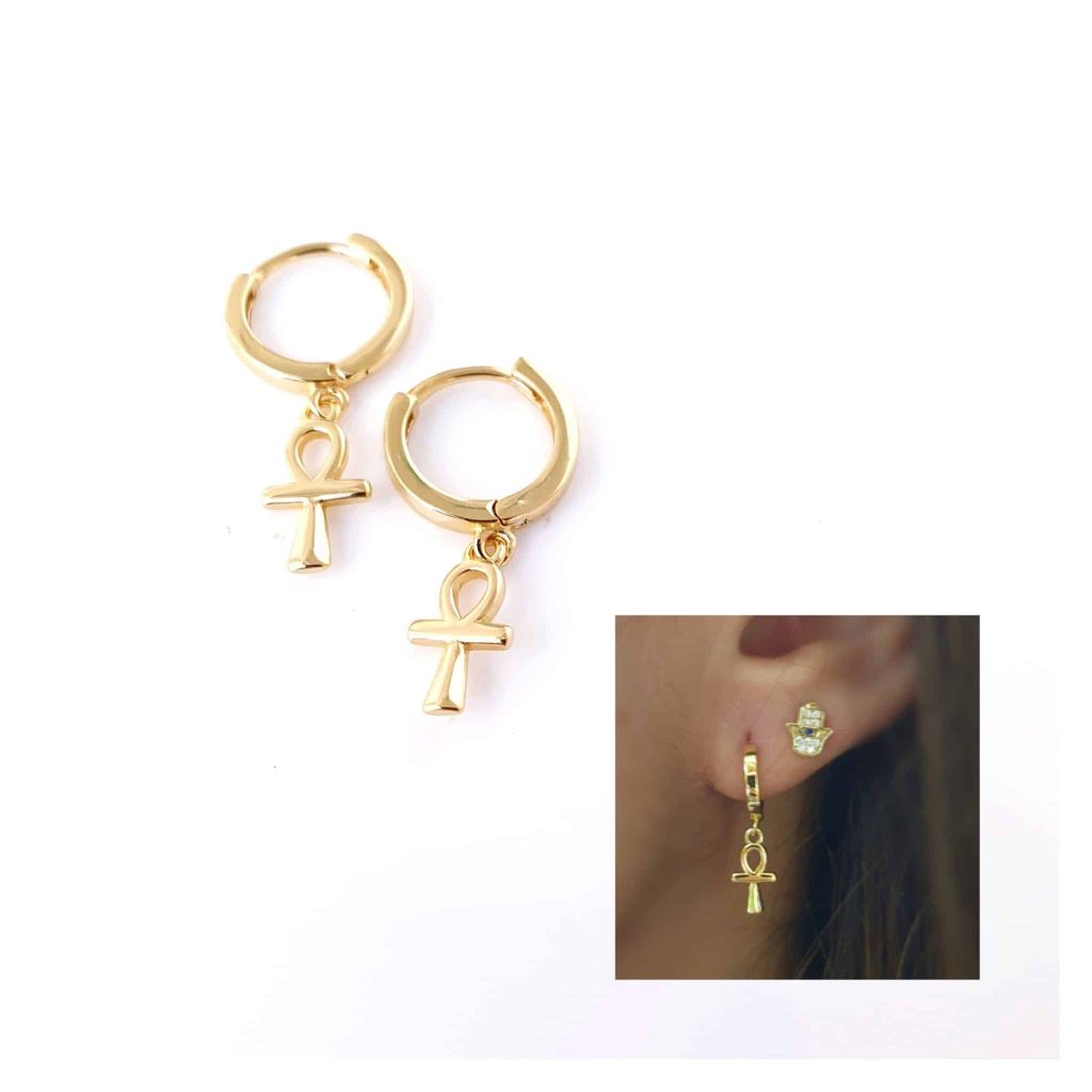 Pendientes cruz de la vida de plata de ley con baño de oro de 14 quilates - Joyería Zafir