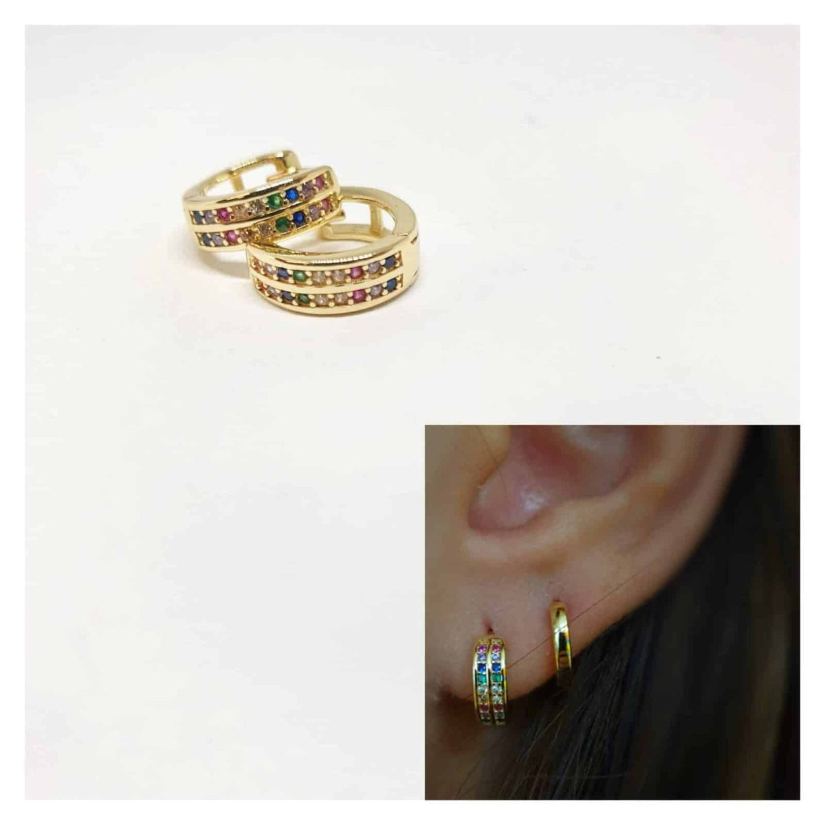 Pendientes minis doble línea de plata de ley con baño de oro de 14 quilates - vista adicional