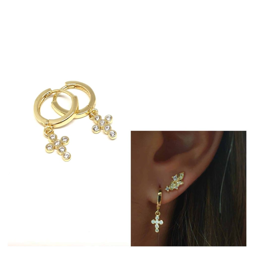 Pendientes cruz brillo oro de 14 quilates
