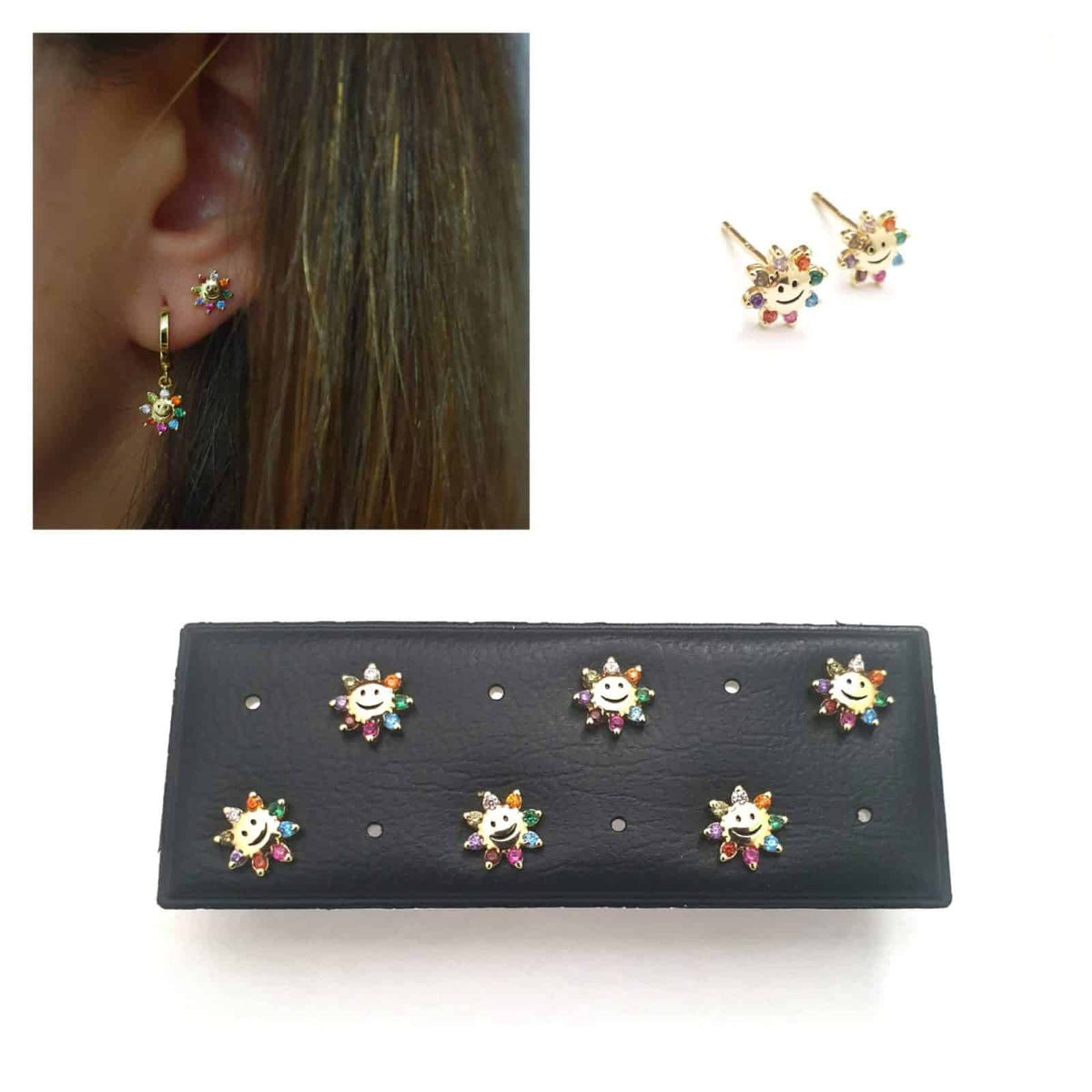 Pendientes flor smile de plata de ley con baño de oro de 14 quilates - vista adicional