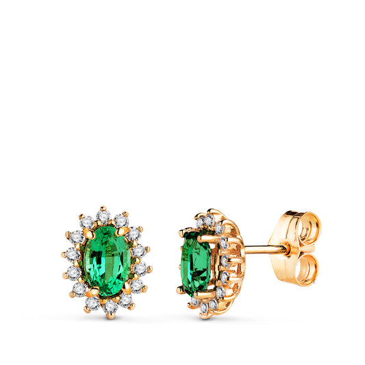 18K PENDIENTES ORO AMARILLO 28 DIAMANTES DE LABORATORIO Y ESMERALDA RECRISTALIZADA 6X4 MM 0,78 QT 0,280QT VS2-G. 9,5X8 MM CIERRE PRESION