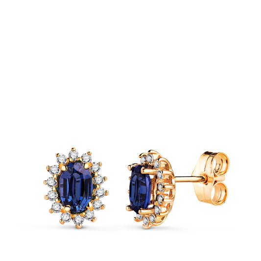 18K PENDIENTES ORO AMARILLO ZAFIRO DIFUSION 6X4 MM 1,24 QT Y 28 DIAMANTES LABORATORIO 0,280QT VS2-G. 9,5X8 MM CIERRE PRESION