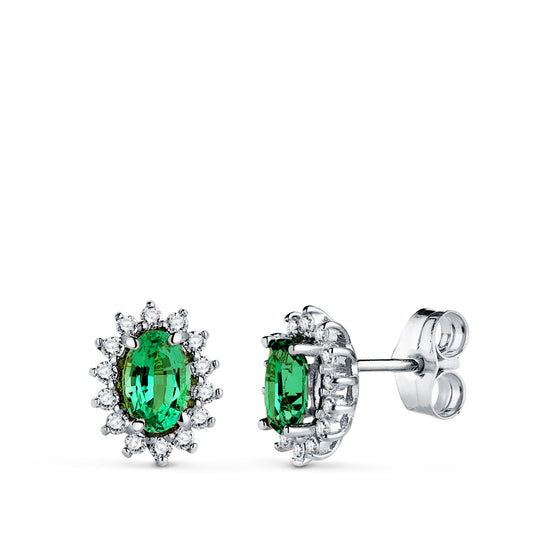 18K PENDIENTES ORO BLANCO 28 DIAMANTES DE LABORATORIO Y ESMERALDA RECRISTALIZADA 6X4 MM 0,78 QTS 0,28 QTS. VS2-G CIERRE PRESION 9,5X8 MM