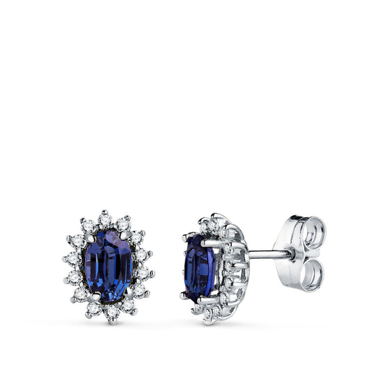 18K PENDIENTES ORO BLANCO 28 DIAMANTES LABORATORIO Y ZAFIRO DIFUSION 6X4 MM 1,24 QT. 0,28 QTS. VS2-G CIERRE PRESION 9,5X8 MM