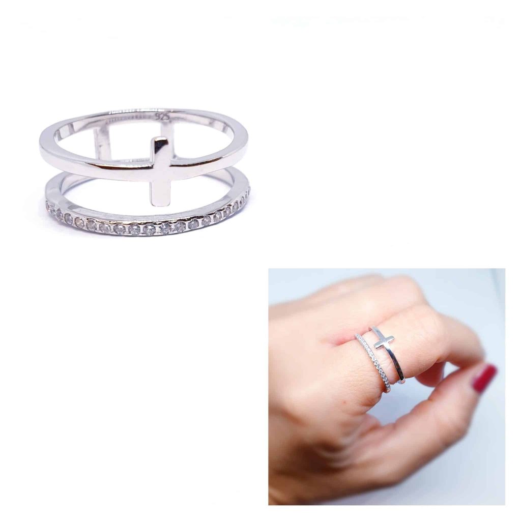 Anillo doble cruz de plata de ley