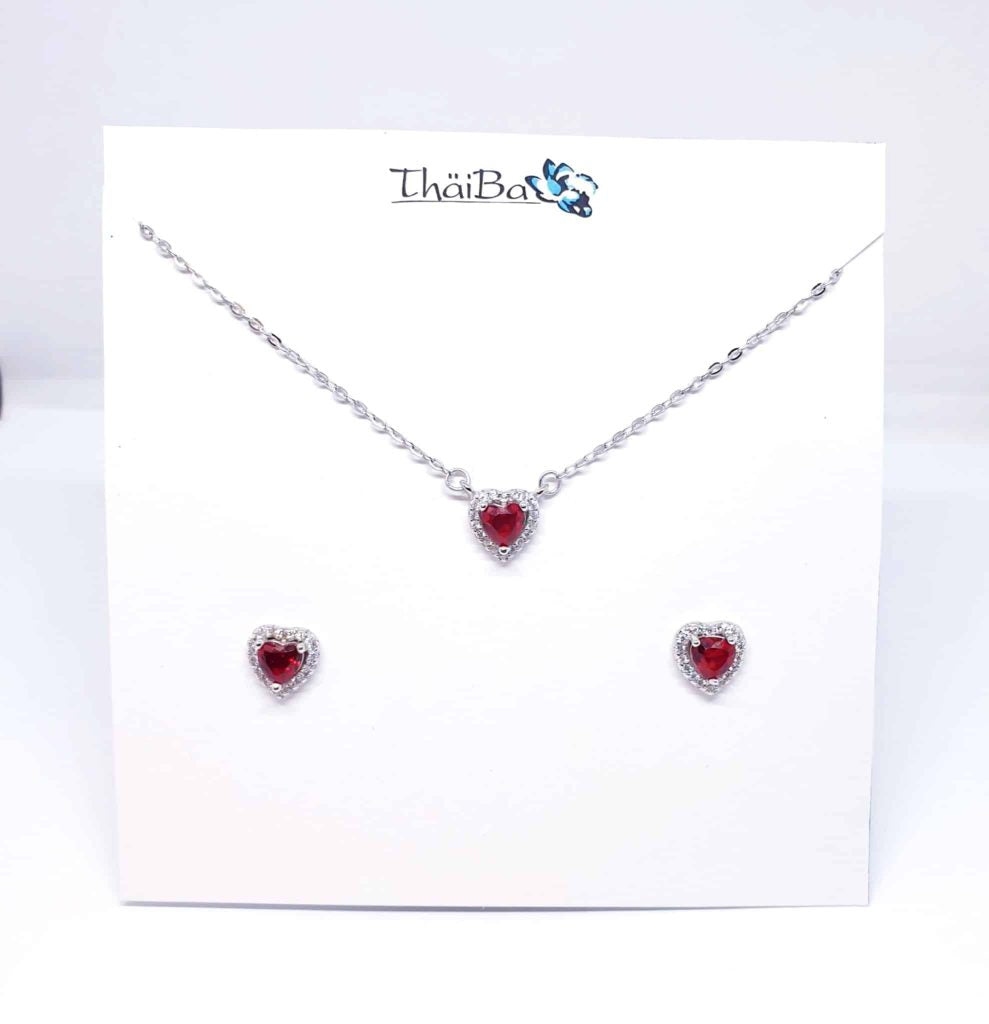Set corazón rojo de plata de ley
