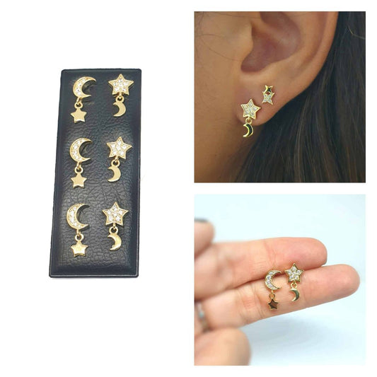 Pendientes luna y estrella de plata de ley con baño de oro de 14 quilates - Joyería Zafir