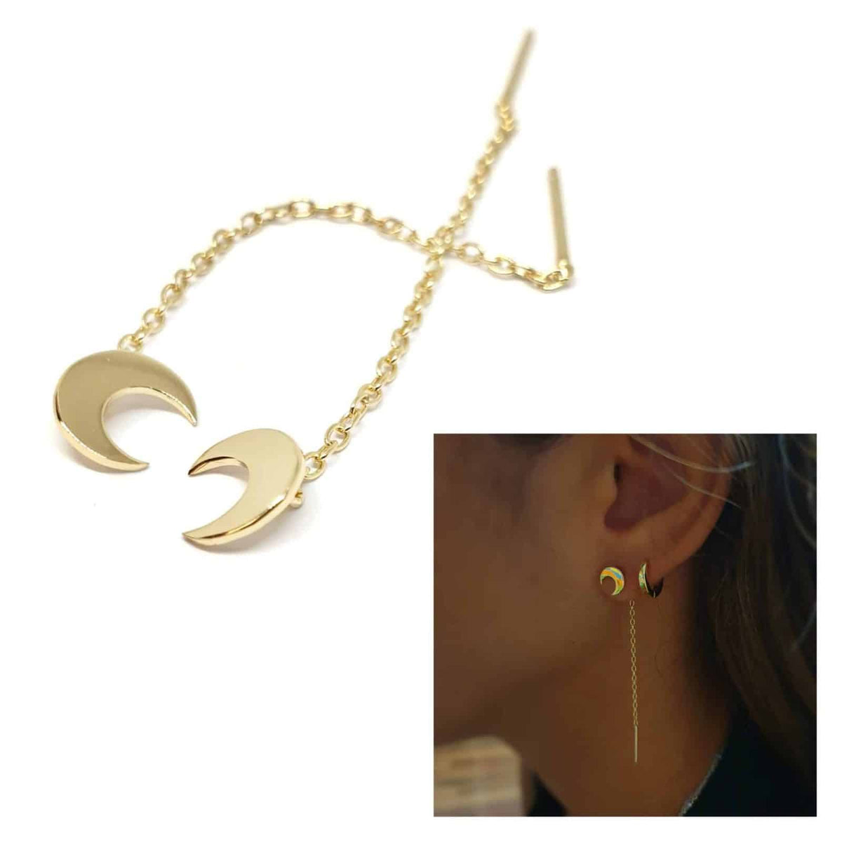 Pendiente cadena luna de plata de ley con baño de oro de 14 quilates - imagen adicional - Joyería Zafir