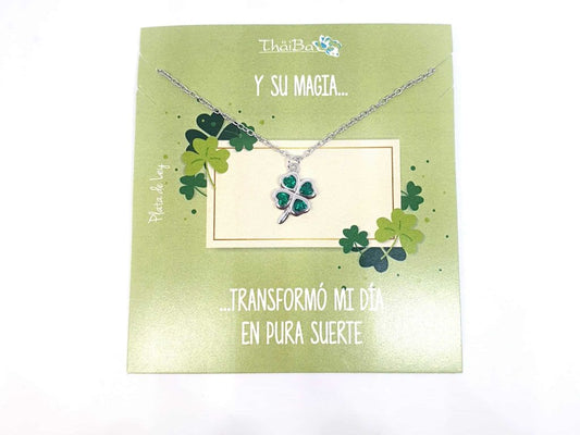 Collar trébol verde de plata de ley