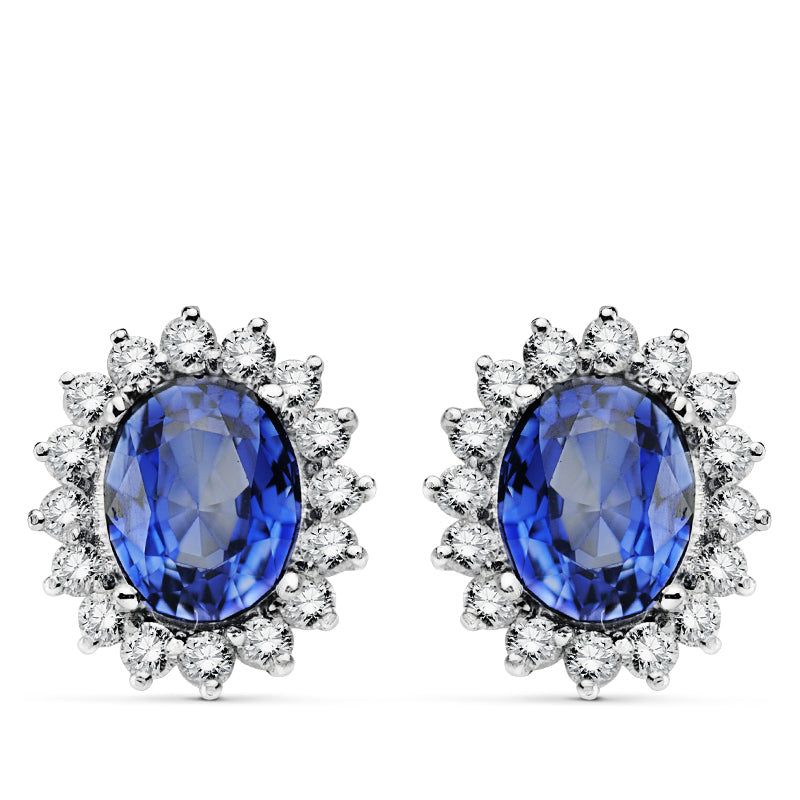 18K PENDIENTES O.BLANCO ZAFIRO DIFUSION 9X7 MM 4,94 QTS. 32 DIAMANTES LABORATORIO VS2-G 1,12 QTS. CIERRE OMEGA 14X12,5 MM