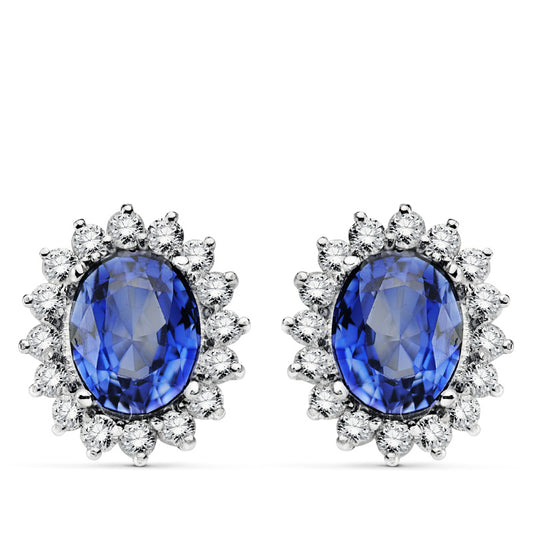 18K PENDIENTES O.BLANCO ZAFIRO DIFUSION 9X7 MM 4,94 QTS. 32 DIAMANTES LABORATORIO VS2-G 1,12 QTS. CIERRE OMEGA 14X12,5 MM
