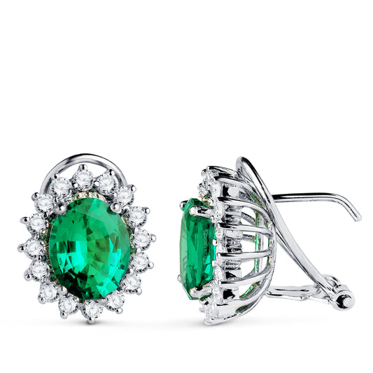 18K PENDIENTES ORO BLANCO 32 DIAMANTES DE LABORATORIO Y ESMERALDA RECRISTALIZADA 9X7 MM 3,62 QTS 1,12 QTS. VS2-G. CIERRE OMEGA 14X12 MM