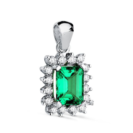 18K COLGANTE ORO BLANCO ESMERALDA RECRISTALIZADA 8X6 MM 1,50 QT. 16 DIAMANTES LABORATORIO 0,56 QTS. VS2-G. 13X11MM