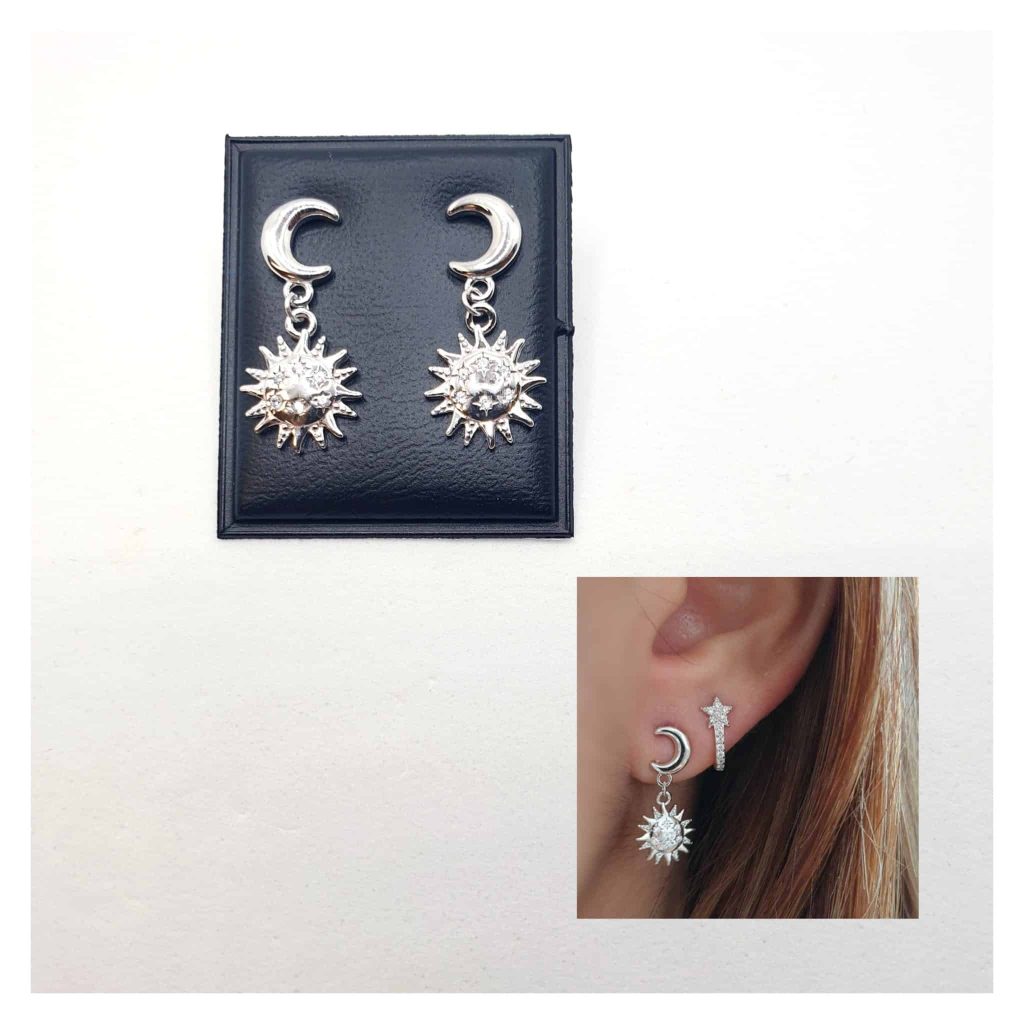 Pendientes sol y luna de plata de ley